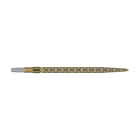 Końcówki do lotek Target Swiss Diamond Pro Gold Das Bild zeigt eine goldene Dartspitze mit einem diamantförmigen Muster. Die Spitze ist schmal und hat am vorderen Ende einen silbernen Bereich.