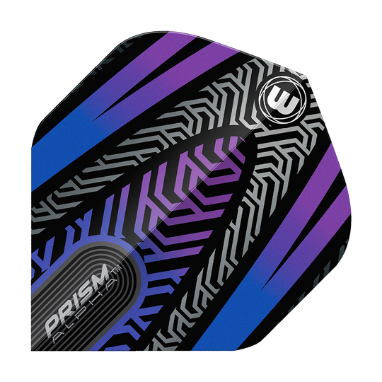 Das Bild zeigt ein Winmau Prism Alpha Schwarz Blau No2 Standard Flight. Das Flight hat ein auffälliges Muster in Blau, Lila, Schwarz und Silber mit geometrischen Linien und dem Winmau-Logo.