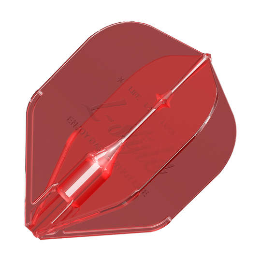 Lotki L-Style Fantom L1EZ w kolorze czerwonym Das Bild zeigt ein rotes Dartflight mit dem Namen „L-Style Fantom L1EZ Flights Red“. Das Flight hat eine transparente Struktur und eine klassische Form.
