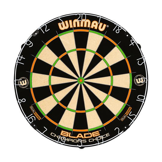 3023_Winmau_Champions_Choice_DualCore_Dartboard_1yDetmwaptBObx Winmau Champions Choice DualCore Dartboard aus Vorderansicht. Sektoren und Zahlen sind klar strukturiert.
