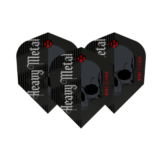 Harrow's Ryan Searle Heavy Metal Series 2 Flights Das Bild zeigt drei Dartflights der Serie "Harrows Ryan Searle Heavy Metal Series 2". Die Flights sind schwarz mit einem Totenkopf-Design und den Aufschriften „Heavy Metal“ und „Ryan Searle“.
