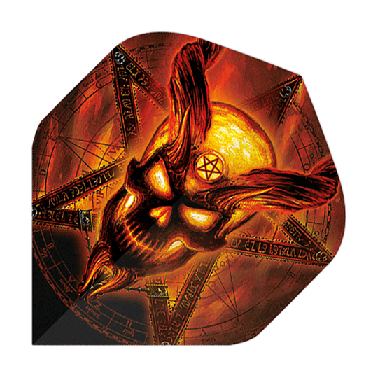 Świątynia Płonącego Alchemii nr 2 Standardowe Loty Das Bild zeigt einen Dartflight mit einem brennenden, dämonischen Schädel und einem Pentagramm im Hintergrund. Die Farben sind hauptsächlich in Rot-, Orange- und Gelbtönen gehalten, was das feurige Design betont.