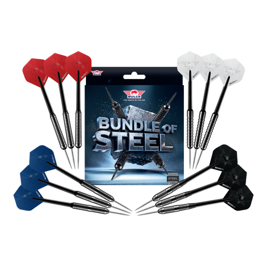 Zestaw stalowych rzutek Bulls NL - 4 zestawy mosiężnych rzutek Steeldarts Zu sehen sind die Bulls NL Bundle Of Steel - 4 Sets Brass Steeldarts. Das Produkt bietet vier Sets Messing-Steeldarts für Dartspieler.