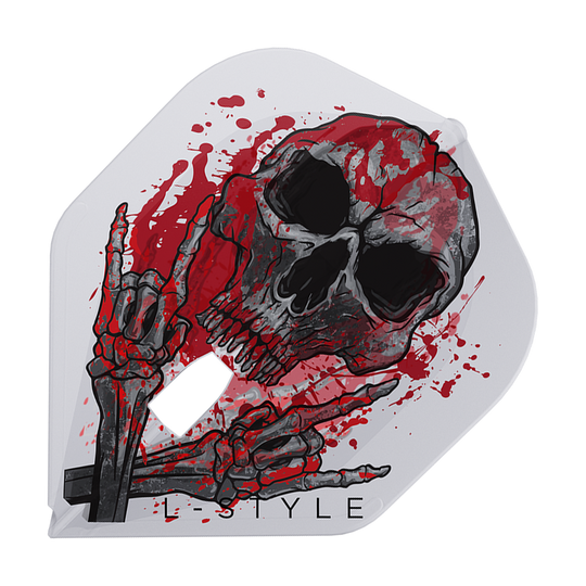 Das Bild zeigt das Produkt "L-Style Ryan Searle V3 L1PRO Clear White Flights". Auf dem Flight ist ein Totenkopf mit roten Farbspritzern und einer skelettierten Hand im Rockzeichen abgebildet.