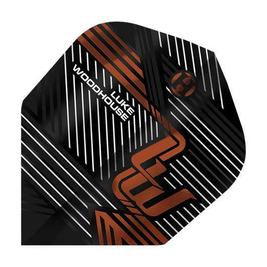 Harrow's Luke Woodhouse Series 2 Flights Das Bild zeigt das Produkt "Harrows Luke Woodhouse Series 2 Flights". Auf dem Flight sind schwarze, weiße und kupferfarbene Linien mit dem Namen "Luke Woodhouse" abgebildet.