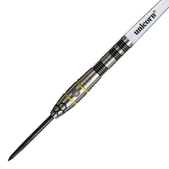 Unicorn Hexium Style 01 Czarno-złote Steeldarts Auf diesem Foto sind die Unicorn Hexium Style 01 Black & Gold Steeldarts zu sehen. Die Darts heben sich durch ihr elegantes Design in Schwarz und Gold hervor.