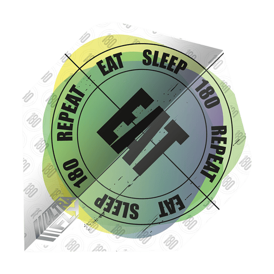 UN35_69020_Unicorn_Ultrafly_100_Eat_Sleep_180_Repeat_Plus_4-Motiv-Flights_1 Das Bild zeigt einen Dartflight mit dem Text "EAT SLEEP 180 REPEAT" in einem kreisförmigen Design. In der Mitte steht das Wort "EAT" in großen Buchstaben.