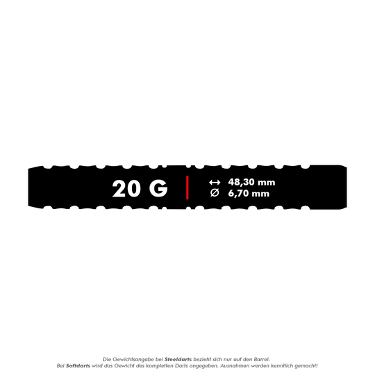 Softdarts Parallel Red Dragon Astraeus Q4X - 20g Das Bild zeigt die Produktinformationen der Red Dragon Astraeus Q4X Parallel Softdarts mit 20 Gramm Gewicht. Die Darts sind 48,30 mm lang und haben einen Durchmesser von 6,70 mm.