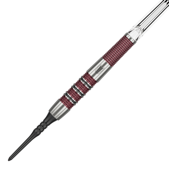 Target Stephen Bunting 95K Miękkie lotki - 19g Das Bild zeigt einen Target Stephen Bunting 95K Softdart mit einem Gewicht von 19 Gramm. Der Dart hat ein silbernes und rotes Griffdesign mit einer schwarzen Softspitze.