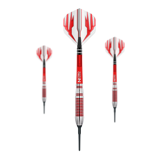 Miękkie rzutki Red Dragon Reflex - 22 g Das Bild zeigt drei Red Dragon Reflex Softdarts mit einem Gewicht von 22 g. Die Darts haben rote und silberne Griffe sowie weiße Flights mit roten Mustern.