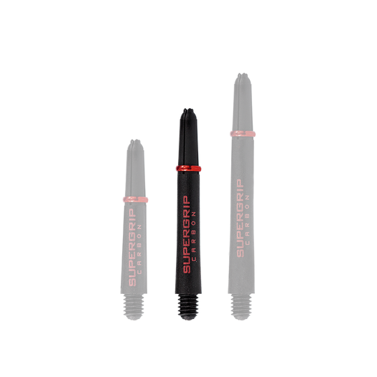 Das Bild zeigt drei Harrows Supergrip Carbon Shafts in Rot, die in unterschiedlichen Längen angeordnet sind. Die schwarzen Dartschäfte haben rote Akzente und die Aufschrift "Supergrip Carbon" in roter Farbe.