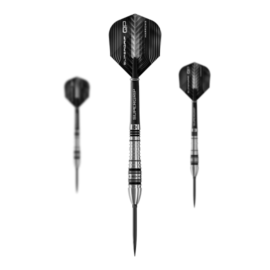 Lotki stalowe Harrows Supergrip Bomb Quick Point Dieses Bild präsentiert das Set der Harrows Supergrip Bomb Quick Point Steeldarts. Das Set enthält mehrere hochwertige Darts für das Spiel.