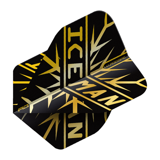 TF6844_Red_Dragon_Hardcore_Gerwyn_Price_Gold_Snowflake_Standard_Flights_2ayv7XRL8q6go3 Das Bild zeigt einen schwarzen Dart Flight mit goldfarbenem Schneeflockenmuster und dem Schriftzug "ICEMAN". Es handelt sich um das Produkt "Red Dragon Hardcore Gerwyn Price Gold Snowflake Standard Flights".