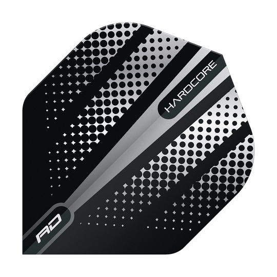 TF6507_Red_Dragon_Hardcore_Radical_Black_Flash_Standard_Flights_1JYk8bJiPwTpAd Das Bild zeigt ein Dartflight mit dem Namen "Red Dragon Hardcore Radical Black Flash Standard Flights". Das Design ist schwarz mit silbernen Punkten und Streifen sowie der Aufschrift "HARDCORE".