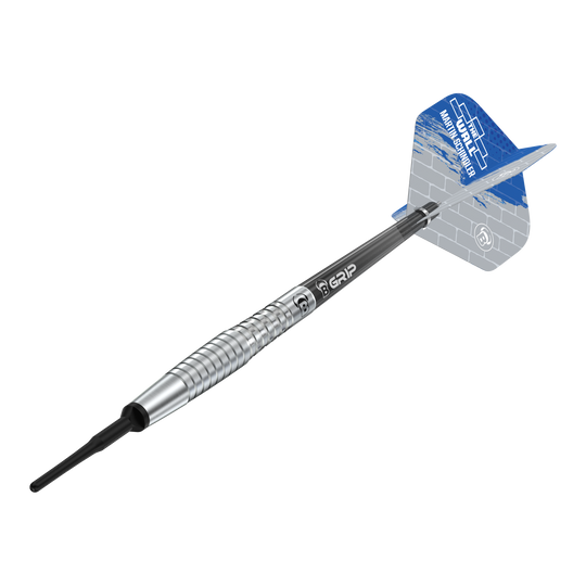 Bulls Martin Schindler Original Generation 2 miękkie lotki Das Bild zeigt den Softdart "Bulls Martin Schindler Original Generation 2". Der Dartpfeil hat einen silbernen, geriffelten Barrel und blaue Flights mit weißem Muster.