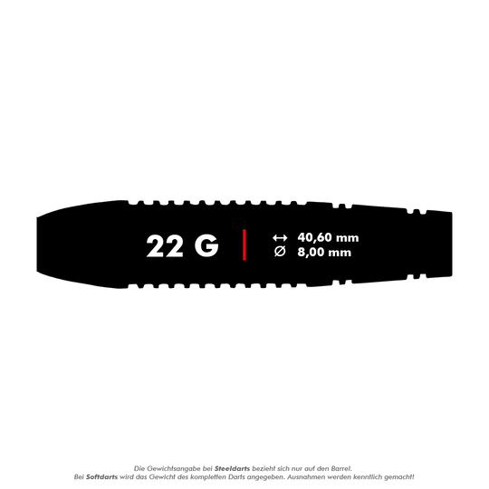 RD2137_Red_Dragon_Reflex_Softdarts_5_22g Das Bild zeigt die Produktbeschreibung für den Red Dragon Reflex Softdart mit einem Gewicht von 22 Gramm. Die Maße des Barrels sind 40,60 mm Länge und 8,00 mm Durchmesser.