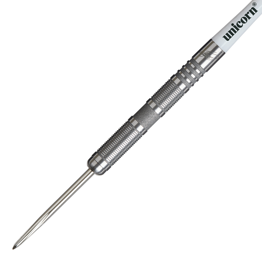 Unicorn James Wade The Machine Range Phase 4 Steeldarts Das Bild zeigt einen Unicorn James Wade The Machine Range Phase 4 Steeldart. Der Dartpfeil ist silberfarben und hat eine geriffelte Griffzone für besseren Halt.
