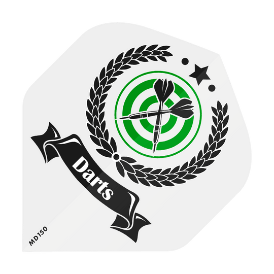 Das Bild zeigt ein grünes Dartscheiben-Ziel mit zwei schwarzen Pfeilen in der Mitte, umgeben von einem Lorbeerkranz. Ein schwarzes Band mit dem weißen Schriftzug "Darts" verläuft quer durch das Bild.