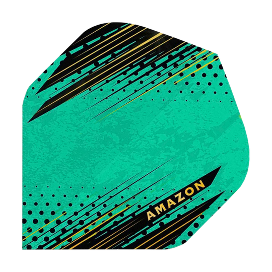 Das Bild zeigt ein Amazon ORO Standard Flights Dartflügel in Türkis mit schwarzen und gelben Grafikelementen. Auf dem unteren Teil steht das Wort "Amazon" in gelber Schrift.