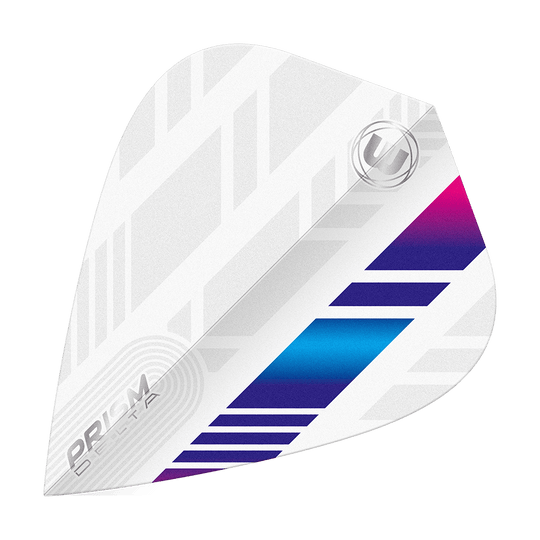 Loty latawcem Winmau Delta Biały Niebieski Fioletowy Das Bild zeigt ein weißes Dart-Flight mit blauen und violetten Akzenten. Das Design ist modern mit geometrischen Mustern und trägt die Aufschrift „PRISM DELTA“.