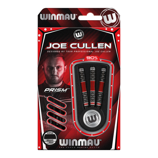 Lotki Winmau Joe Cullen Rockstar Series RS1 Soft Darts - 20g Die Abbildung zeigt die Winmau Joe Cullen Rockstar Series RS1 Softdarts mit 20g Gewicht. Die Darts sind in einer rot-schwarzen Verpackung und enthalten 90% Tungsten.