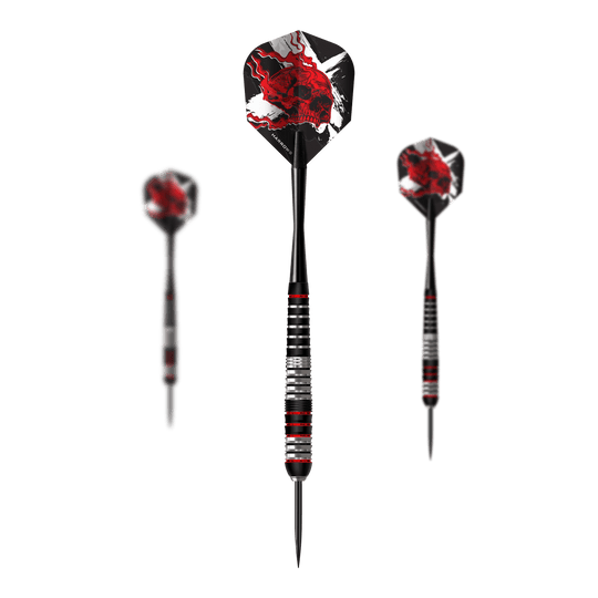 Diese Abbildung zeigt ein Set der Harrows Heavy Metal Ryan Searle Brass Steeldarts. Im Set sind mehrere Darts desselben Modells enthalten.
