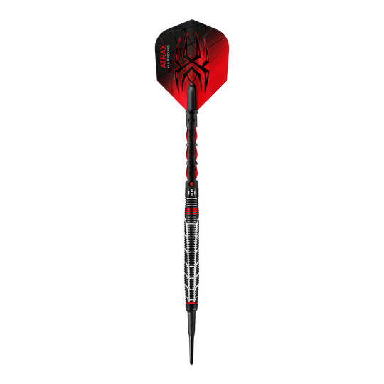 Harrows Atrax Softdarts Dies ist ein Softdartpfeil mit einem modernen, schwarzen und roten Design. Auf der Flights befindet sich ein auffälliges Spinnennetz-Muster.