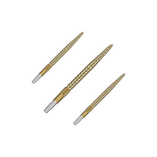 Groty do lotek Target Swiss Point RVE – złote Auf dem Bild sind drei goldene Dartspitzen mit silbernen Enden zu sehen. Sie sind fein gearbeitet und haben ein geprägtes Muster auf der Oberfläche.