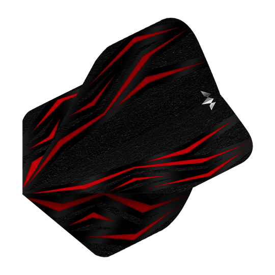 Misja Lava Red No2 Standardowe loty Das Bild zeigt einen Mission Lava Red No2 Standard Flight für Darts. Das Design ist überwiegend schwarz mit auffälligen roten Linien und einem kleinen weißen Logo.