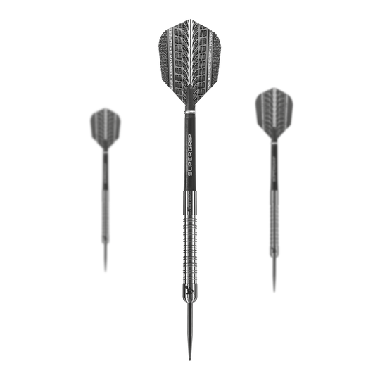Lotki Harrows Supergrip 90% ze stali wolframowej Das Bild zeigt drei Harrows Supergrip 90% Tungsten Steeldarts. Die Darts haben ein silbernes Design mit schwarzem Schaft und Flight.