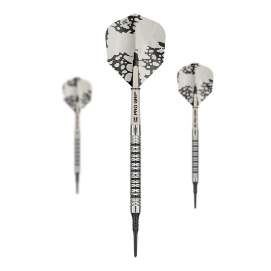 Target EXO 11 Miękkie lotki Das Bild zeigt drei Target EXO 11 Softdarts mit silbernen Griffen und schwarz-weißen Flights. Die Darts haben einen modernen, gestreiften Look und spitze Kunststoffspitzen.