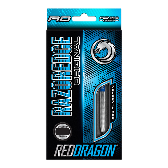 Oryginalne stalowe lotki Red Dragon Razor Edge Die Verpackung zeigt die "Red Dragon Razor Edge Original Steeldarts" mit einem Gewicht von 24 Gramm. Das Design ist blau-schwarz und hebt hervor, dass die Darts aus 95 % Tungsten bestehen.