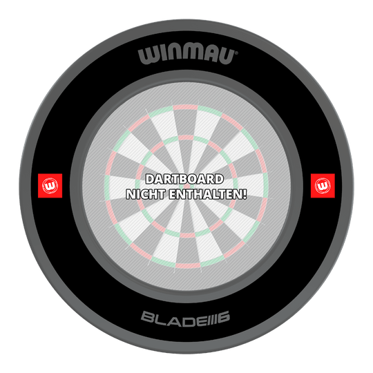 Das Bild zeigt das Winmau Pro-Line 1.0 Dartboard Surround in Schwarz. In der Mitte steht der Hinweis „Dartboard nicht enthalten!“.