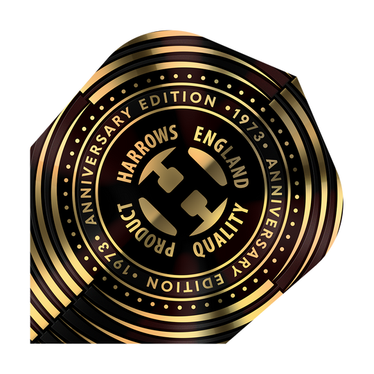 Harrows Anniversary No6 Flights Das Bild zeigt das Produkt "Harrows Anniversary No6 Flights" mit einem goldenen, kreisförmigen Design. In der Mitte steht "Harrows England Quality Product" und rundherum ist "Anniversary Edition 1973" geschrieben.