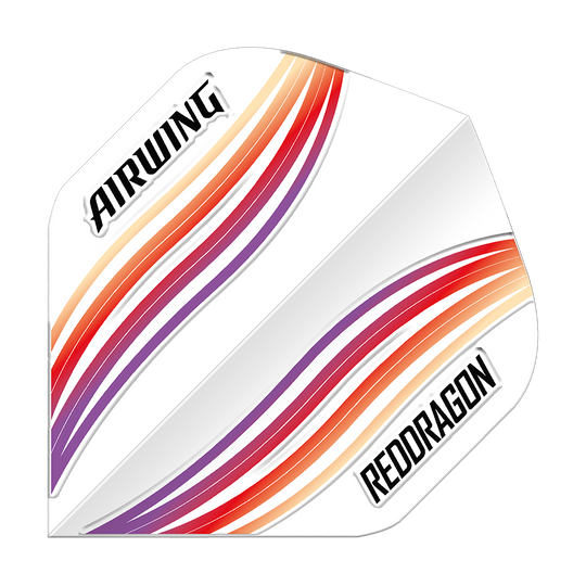 Red Dragon Airwing Red Wave Standard Flights Das Bild zeigt ein Dartflight mit dem Namen „Red Dragon Airwing Red Wave Standard Flights“. Das Flight ist weiß mit roten, orangenen und lilafarbenen Wellenstreifen sowie den Aufschriften „AIRWING“ und „RED DRAGON“.