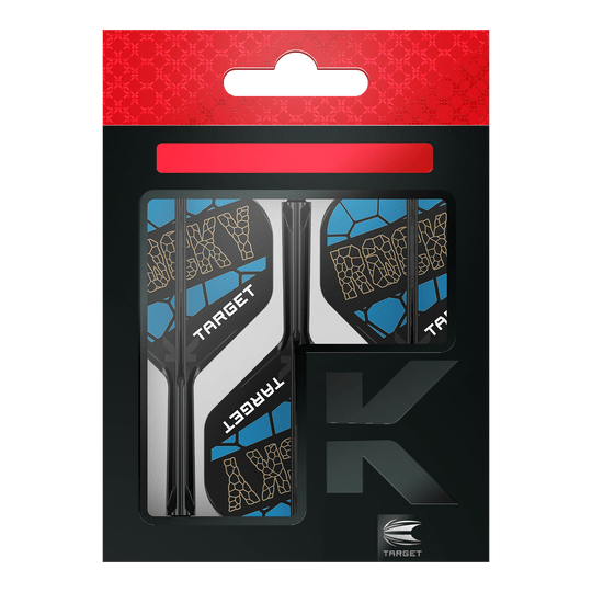 System wałów lotniczych Target K-Flex Josh Rock No2 Standard Das Bild zeigt das Produkt "Target K-Flex Josh Rock No2 Standard Flight-Shaft-System" in seiner Verpackung. Die Flights sind schwarz, blau und weiß gestaltet und tragen den Schriftzug "ROCKY" sowie "TARGET".