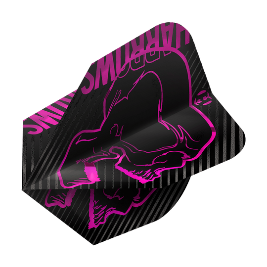 Loty Harrows Rage Pink nr 6 Dies ist ein Dartflight des Modells „Harrows Rage Pink No6“. Das Design ist schwarz mit einem auffälligen pinken Totenkopf und den Worten „Harrows“ in Pink.