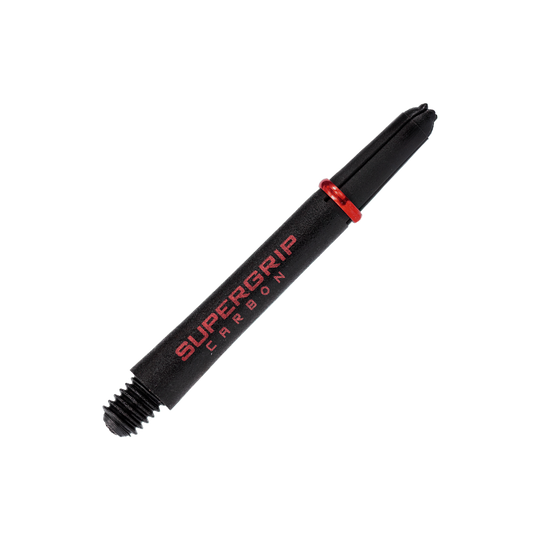 Das Bild zeigt einen Harrows Supergrip Carbon Shaft in Rot. Der Schaft ist schwarz mit rotem Schriftzug und einem roten Ring gestaltet.