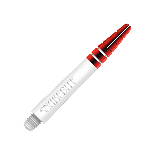 Das Bild zeigt einen roten Dart-Schaft von Red Dragon mit der Aufschrift "Snakebite". Der Schaft ist teils transparent, teils rot gefärbt und misst 39 mm.