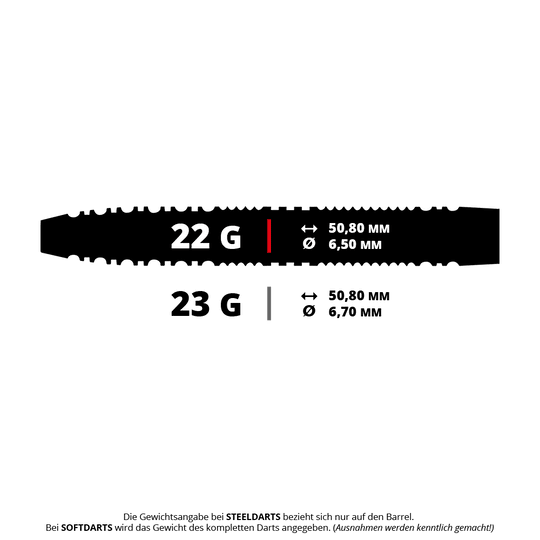 Stalowe strzałki Red Dragon Jonny Clayton Hiraeth Das Bild zeigt die technischen Daten von Jonny Claytons Hiraeth Steeldarts in 22g und 23g. Die Länge beträgt jeweils 50,80 mm, der Durchmesser 6,50 mm bei 22g und 6,70 mm bei 23g.