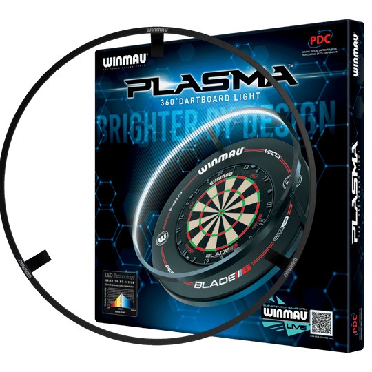 ZESTAW Oświetlenie LED i otoczenie Winmau Plasma Das Bild zeigt das Produkt "Winmau Plasma LED Beleuchtung und Surround Bundle" in seiner Verpackung. Es enthält eine LED-Beleuchtung für ein Dartboard sowie einen Schutzring.