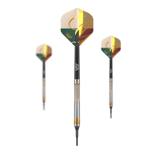 Abgebildet ist das Bulls NL Vintago Shark Softdarts - 18g Set. Es zeigt ein komplettes Set von Softdarts mit besonderem Design.