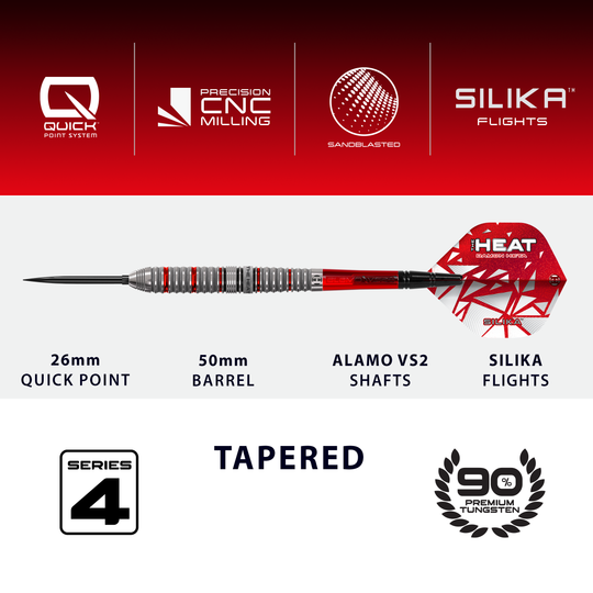 Dieses Bild zeigt die Harrows Damon Heta Series 4 Quick Point Steeldarts. Sie sind für den Gebrauch beim Steeldartspiel konzipiert.