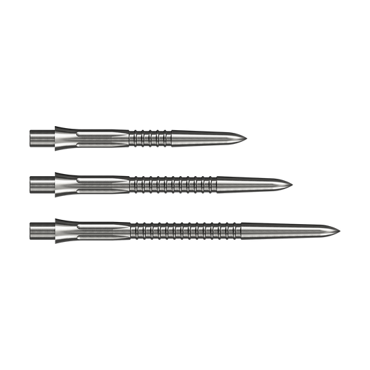 Auf dem Bild sieht man die Mission Caliburn EVO Dartspitzen GV1 in Silber. Die Spitzen sind für präzises Dartspiel konzipiert.