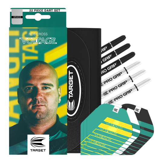 Lotki miękkie Target Rob Cross Brass - 18g Das Bild zeigt das Produkt „Target Rob Cross Brass Softdarts - 18g“ in einer auffälligen Verpackung mit dem Bild eines Mannes und dem Schriftzug „VOLTAGE“. Neben der Verpackung sind verschiedene Dartteile wie Shafts, Flights und ein Etui zu sehen.