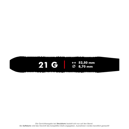 Unicorn Top Brass V3 Steeldarts - 21g Das Bild zeigt die Produktinformationen für die Unicorn Top Brass V3 Steeldarts mit einem Gewicht von 21 Gramm. Die Darts haben eine Länge von 52,50 mm und einen Durchmesser von 8,70 mm.