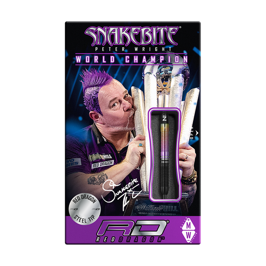 RD2173_Red_Dragon_Peter-Wright_Snakebite_World_Champion_2020_Edition_Steeldarts_3_NEU Auf der Verpackung sind die "Red Dragon Peter Wright Snakebite World Champion 2020 Edition Steeldarts" abgebildet. Das Design zeigt Peter Wright mit Pokal und den enthaltenen Dartpfeilen im Vordergrund.