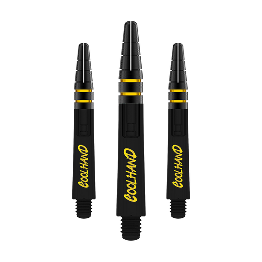 Red Dragon Nitrotech Luke Humphries Coolhand Shafts - Czarny Auf dem Bild sind drei schwarze Dartschäfte mit gelber Aufschrift "COOLHAND" zu sehen. Die Schäfte haben goldene Akzente und sind 36 mm lang.