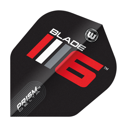 Winmau Prism Delta Blade 6 No6 Flights Das Bild zeigt ein Dartflight mit dem Aufdruck "Blade 6" in auffälligen Farben. Unten links steht "Prism Delta" und das Design ist modern und sportlich.