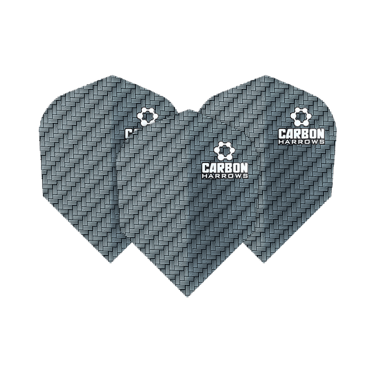 HR52_Harows_Carbon_No6_Flights_Blau_1STC7bfqSj2vwP Das Bild zeigt die Harrows Carbon Flights HR52 mit einem schwarz-grauen Karbonmuster. Auf jedem Flight steht das Logo und der Schriftzug "CARBON HARROWS".